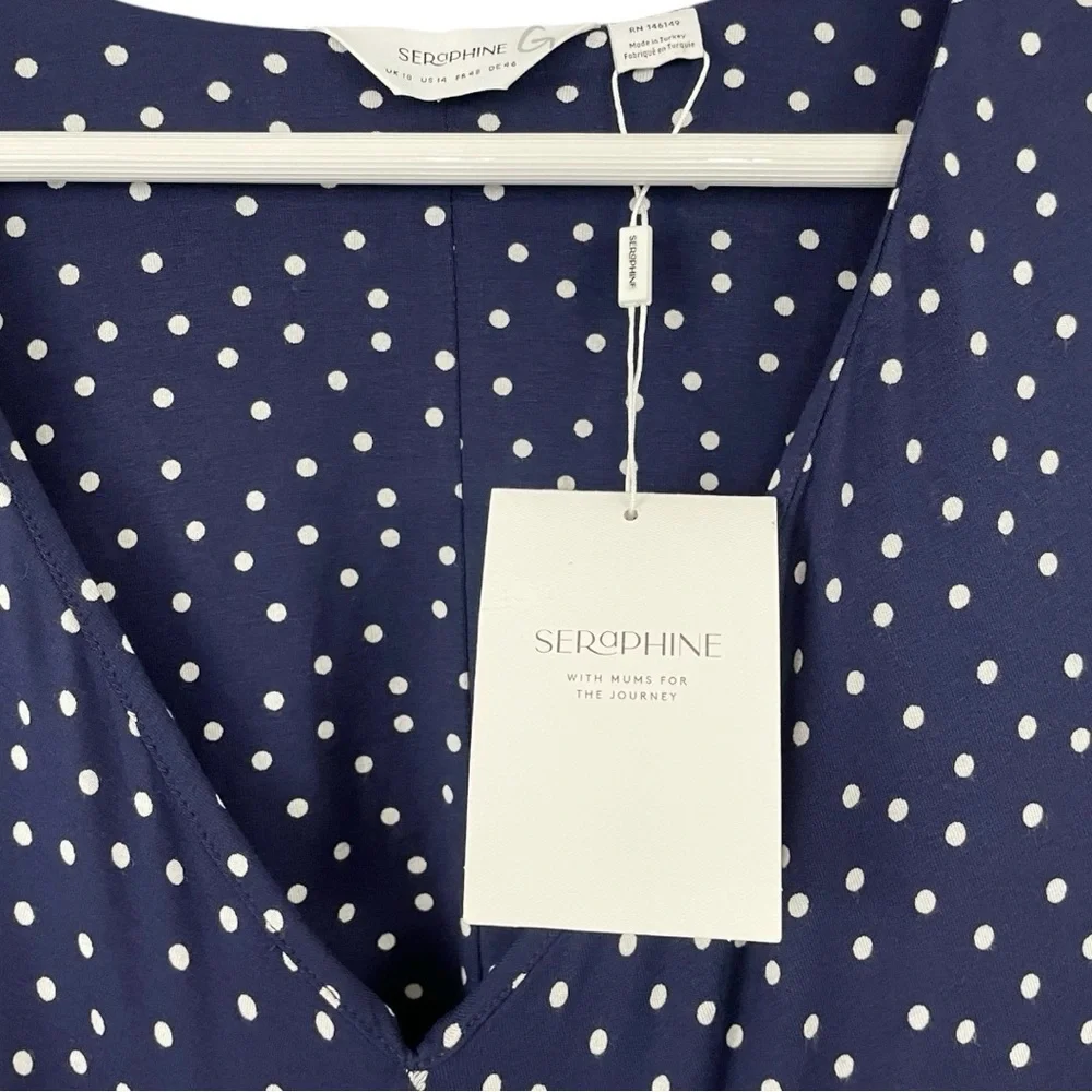 Seraphine Maternity Jersey Knit Dress Cap Sleeve Navy Blue Polka Dot NWT - Picture 4 of 13